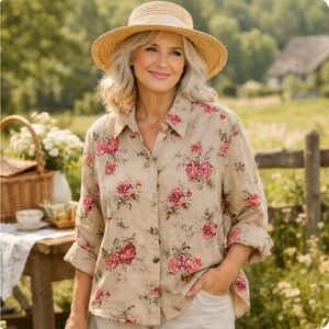 NWT Relativity Woman 100% Linen Floral Button-Up Shirt 2X Cottagecore Romantic
